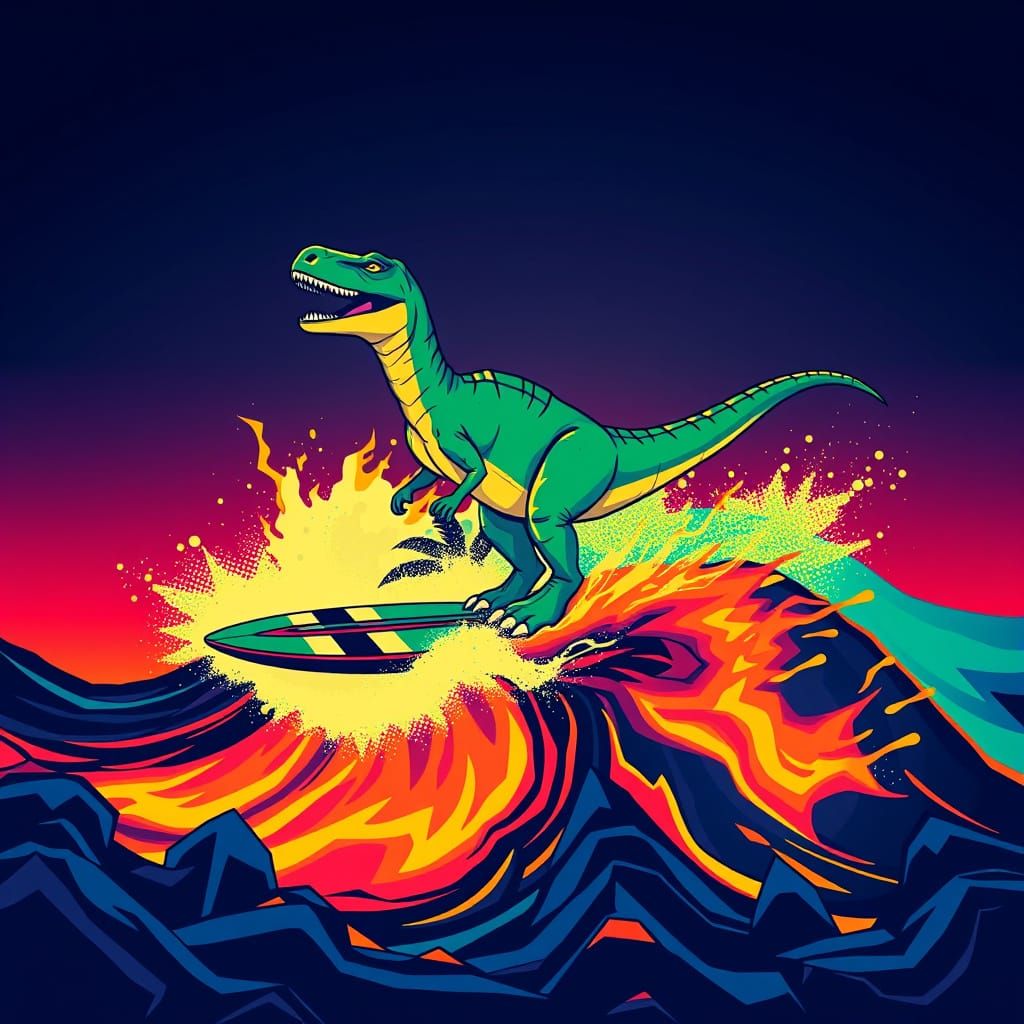 Golden Ratio Surfing Dinosaur in Pop Art Style