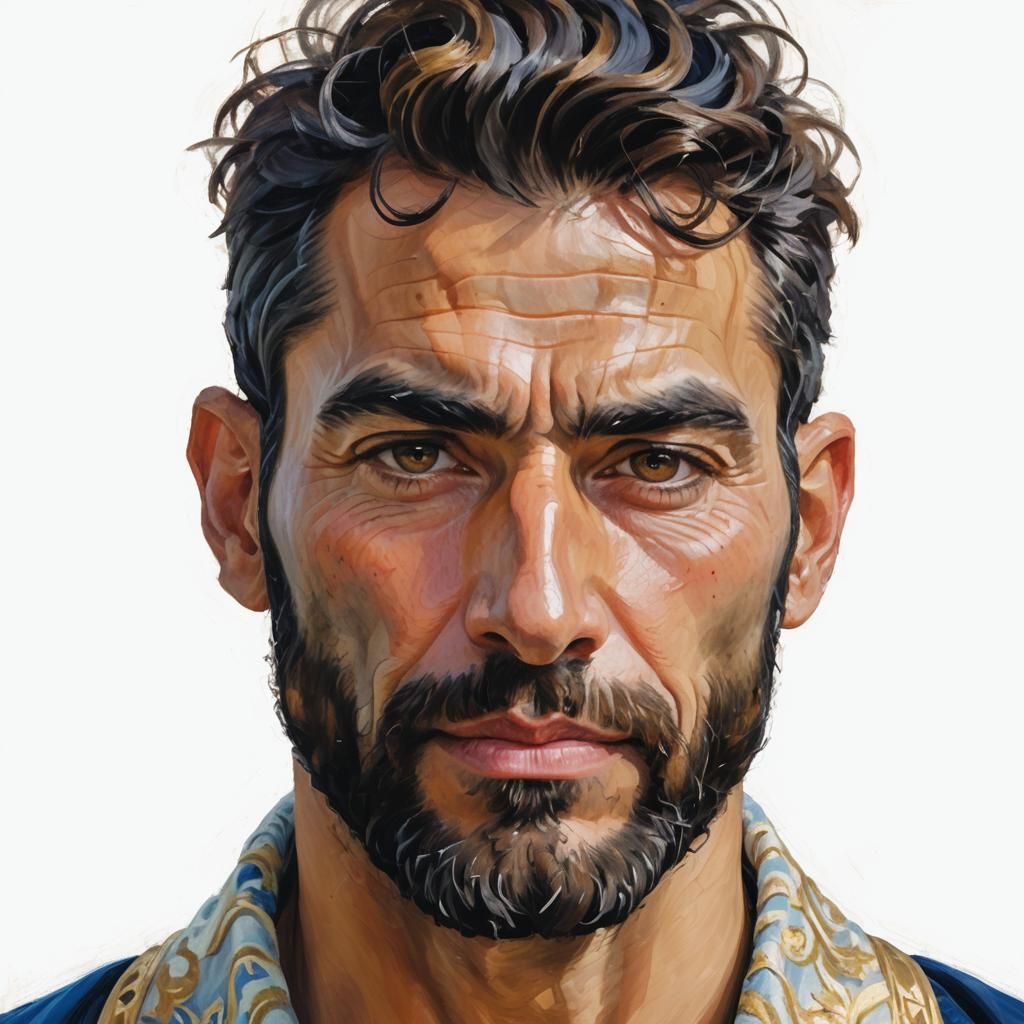 Bearded Man in Blue Velvet Robe: Impressionist Oil Painting