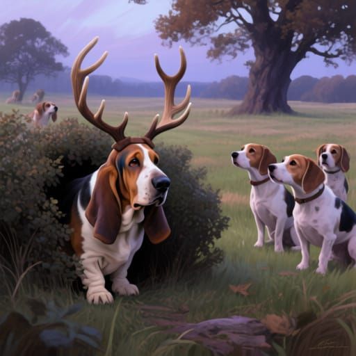 Basset Hound with Antlers in Meadow, Confused Terriers