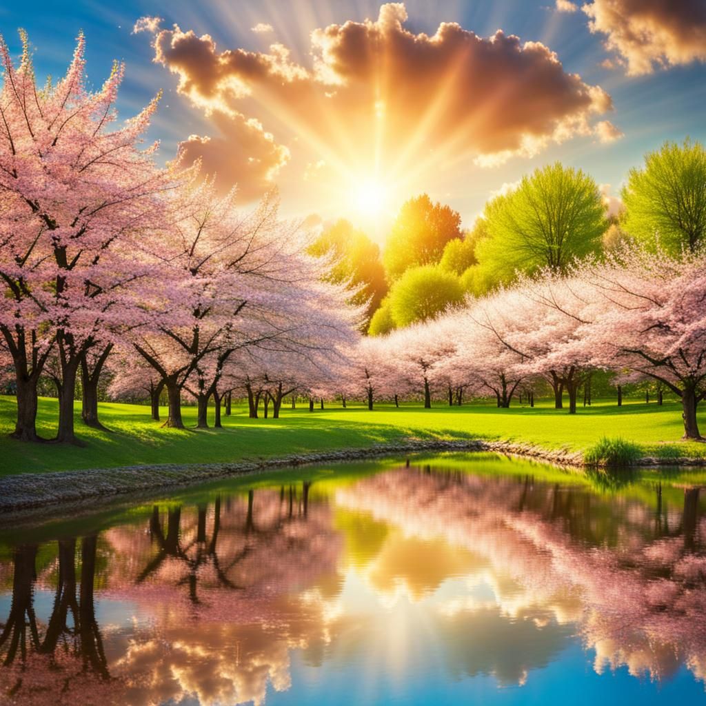 Cherry Blossoms Reflected in Shimmering Pool