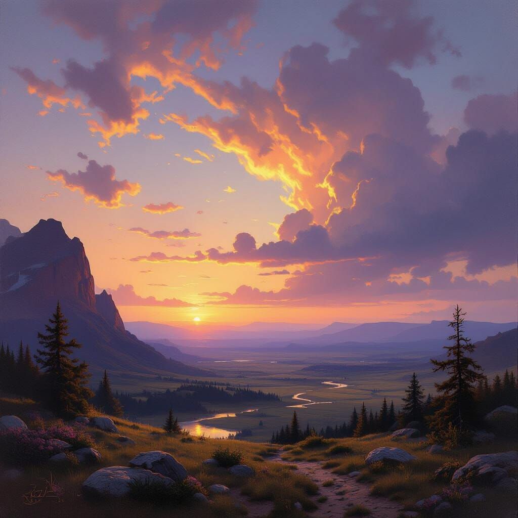 Majestic Twilight Landscape Painting with Dramatic Clouds