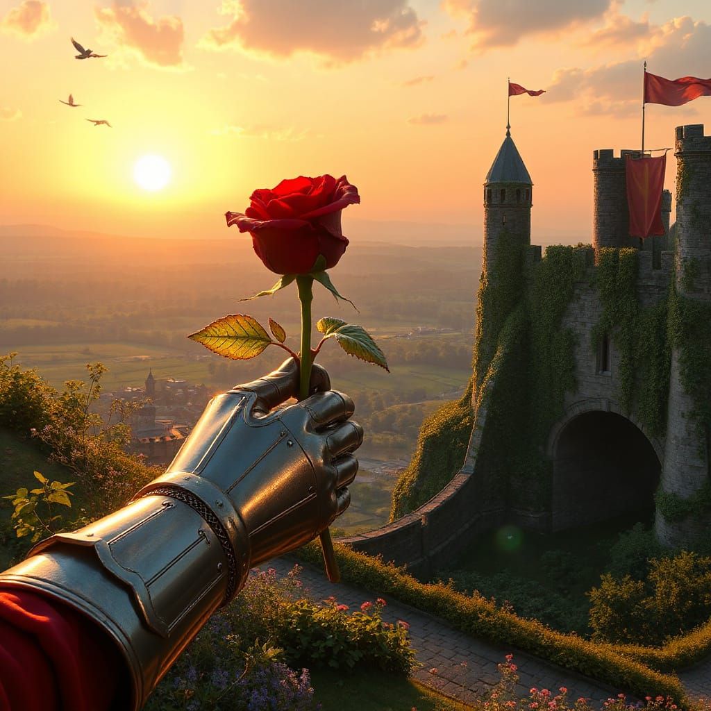 Knight Offers Fiery Rose at Sunset in Medieval Dream