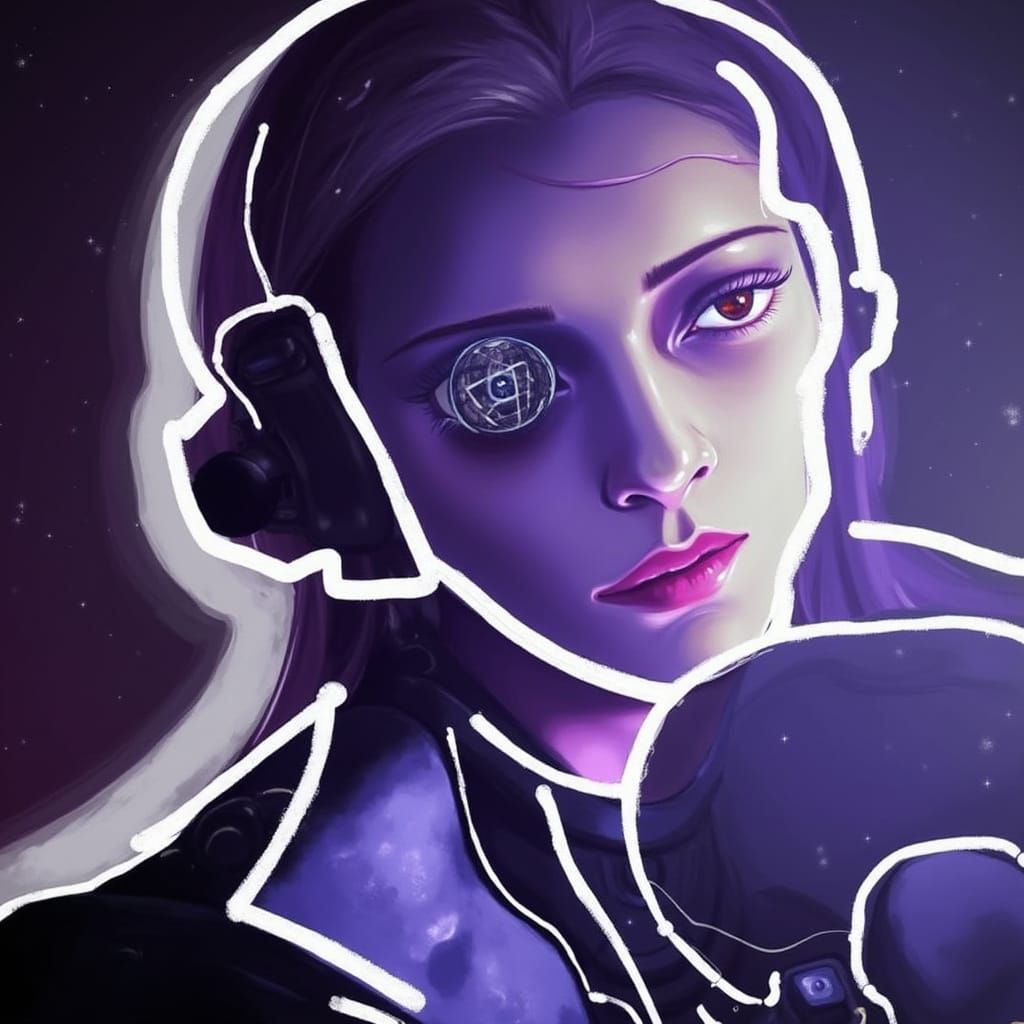 Cyborg Warrior Seated in Futuristic Exosuit Gazing Out at St...