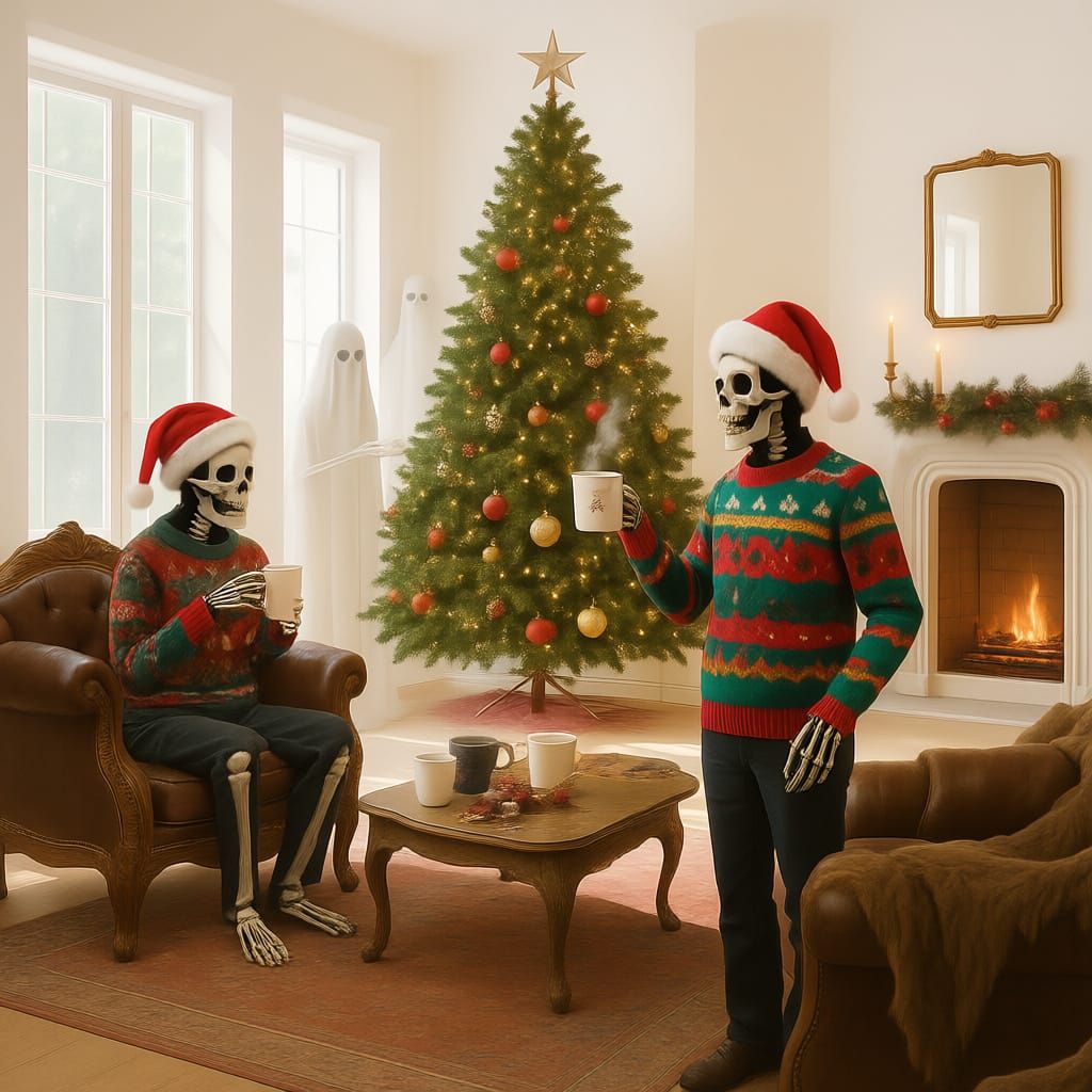 Haunted House Christmas Party with Ghosts and Skeletons