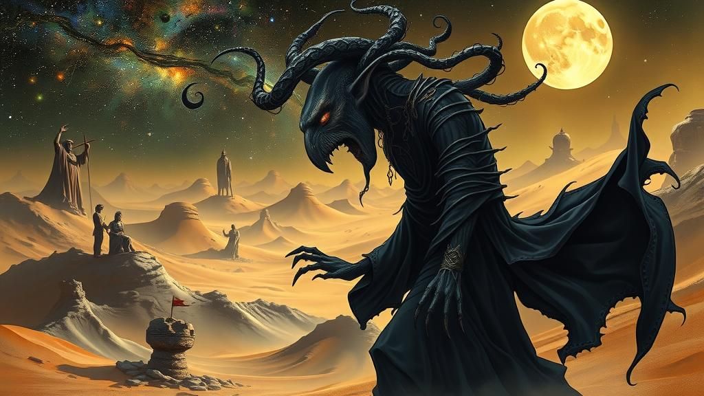 Dark Fantasy Djinn in Surreal Desert Landscape