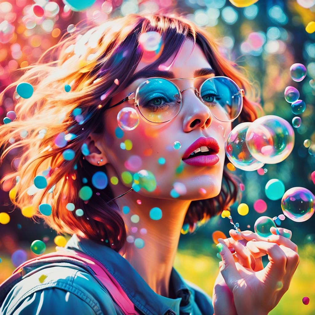 Colorful Pop Art Portrait of Girl Blowing Bubbles