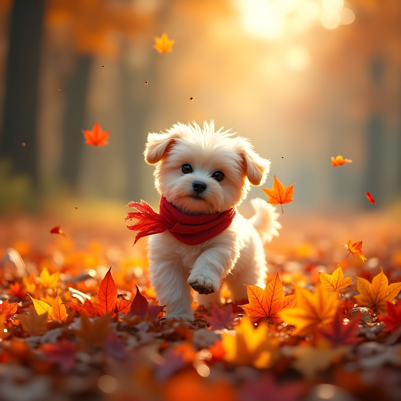Watercolor Maltese Puppy in Autumn Leaves