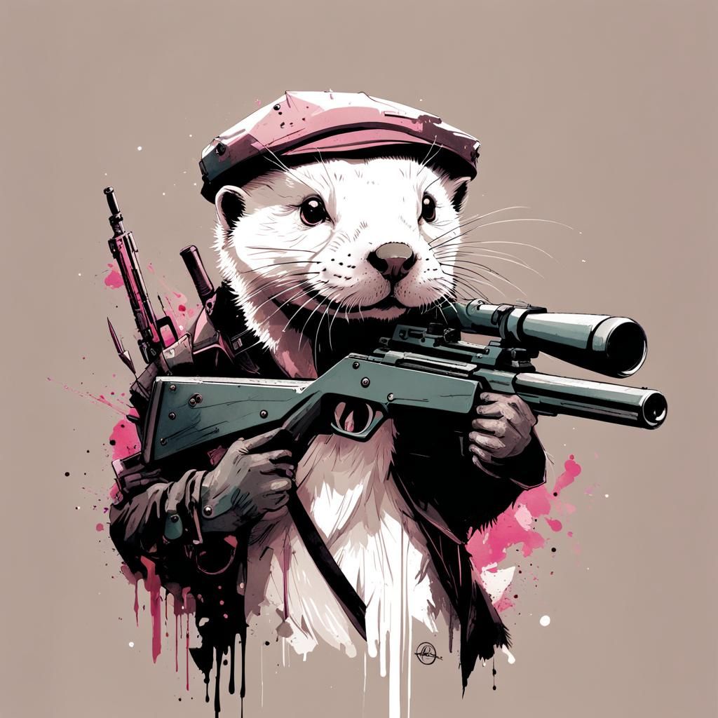 White Otter with a Gun in Watercolor Splash Art