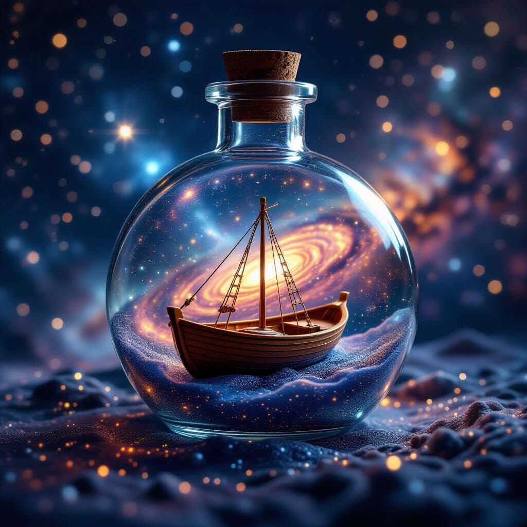Glass Bottle Universe with Miniature Boat