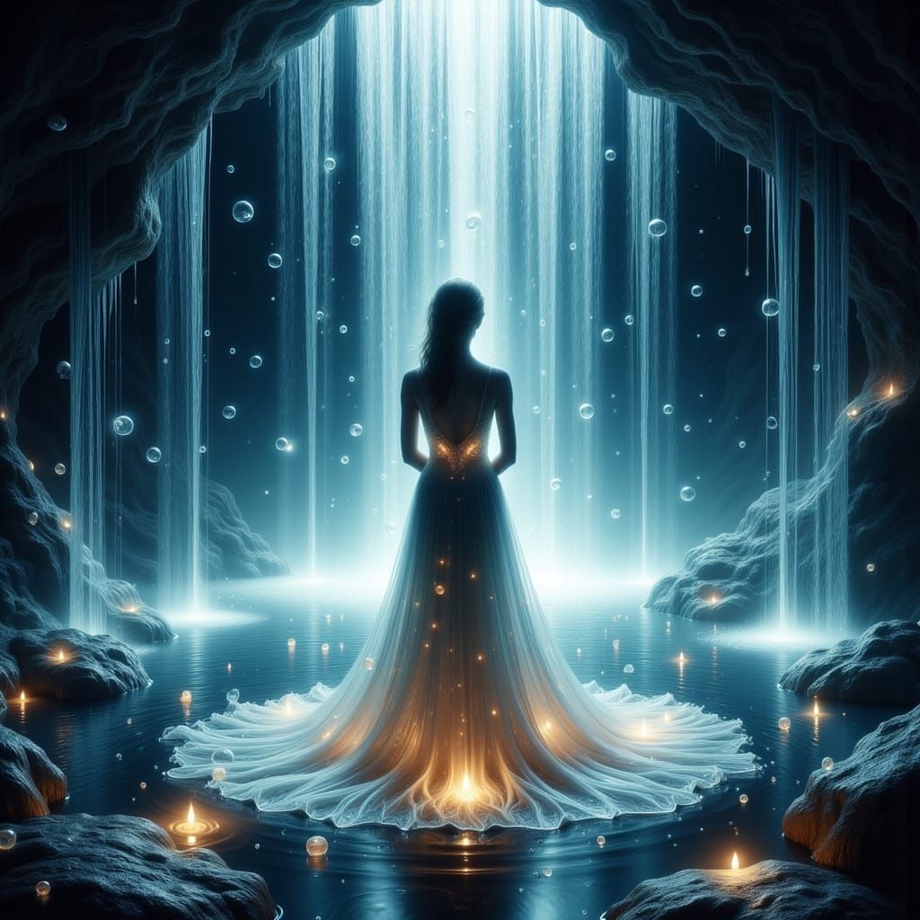 Woman by Luminous Waterfall in Dreamy Digital Art
