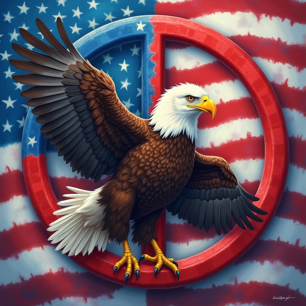 Majestic Eagle with US Flag and Peace Symbol