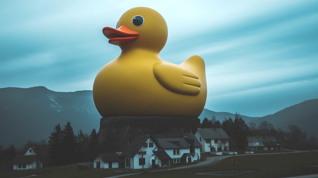 Giant Rubber Ducky Overlooks Tiny Village