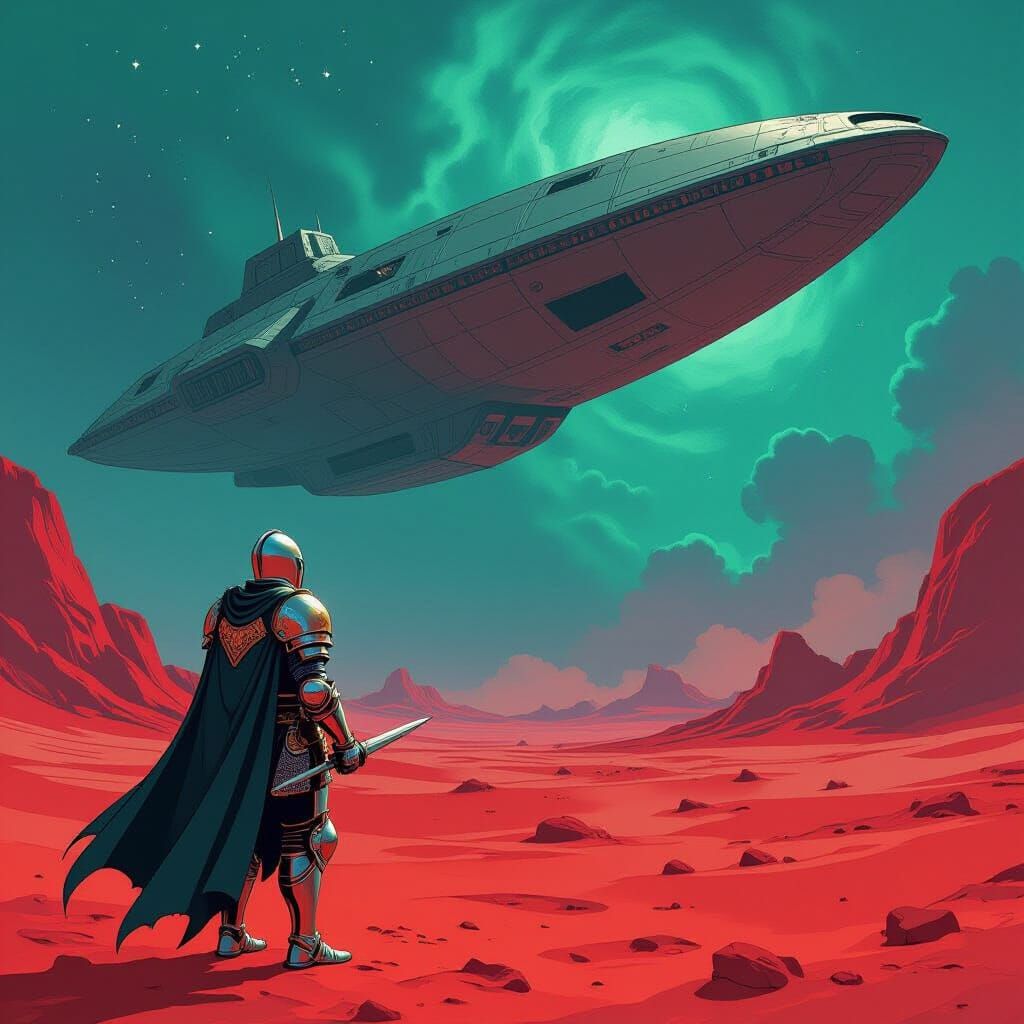 Knight Gazes at Ancient Spaceship on Alien World