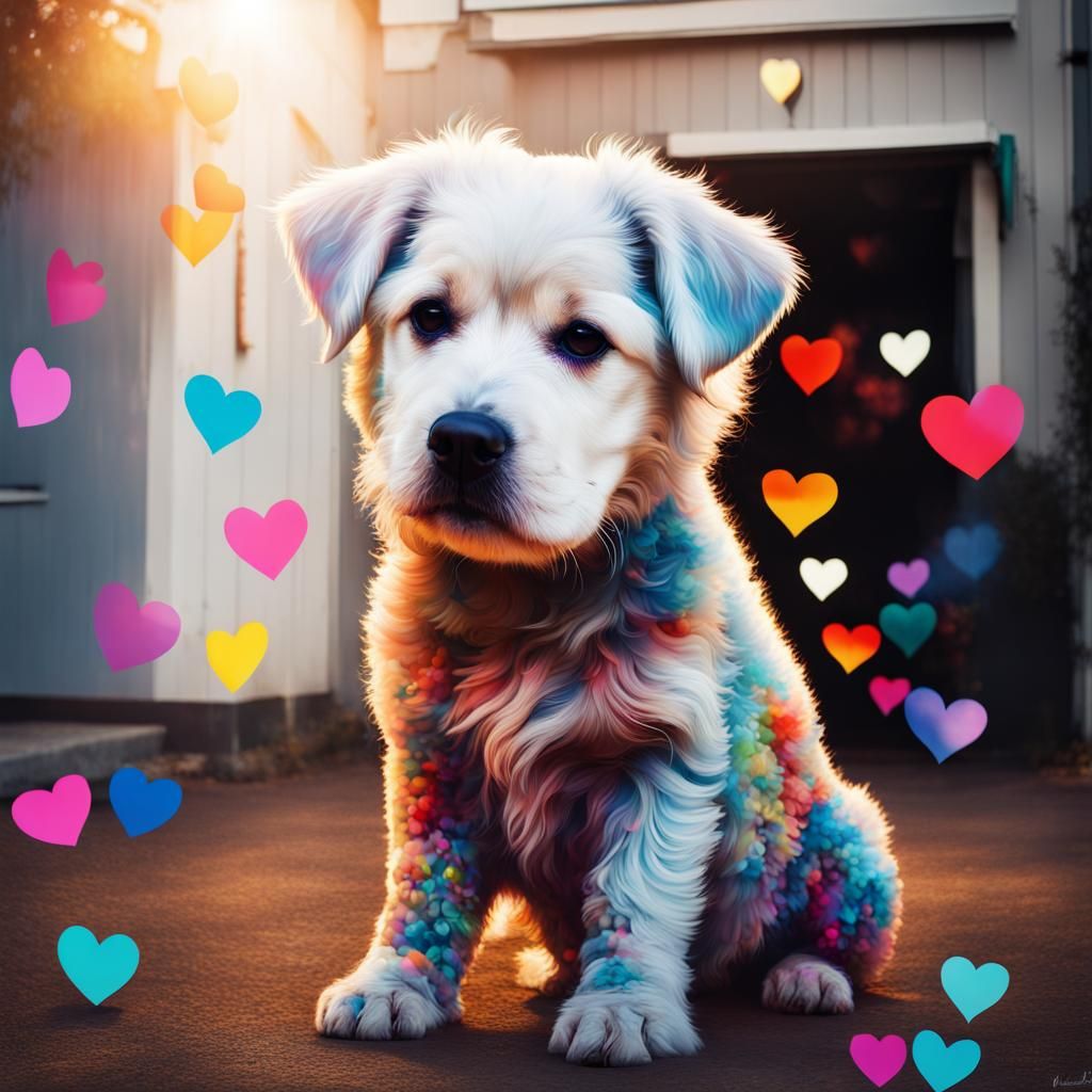 Colorful Heart Explosion Inside Fluffy Dog Portrait