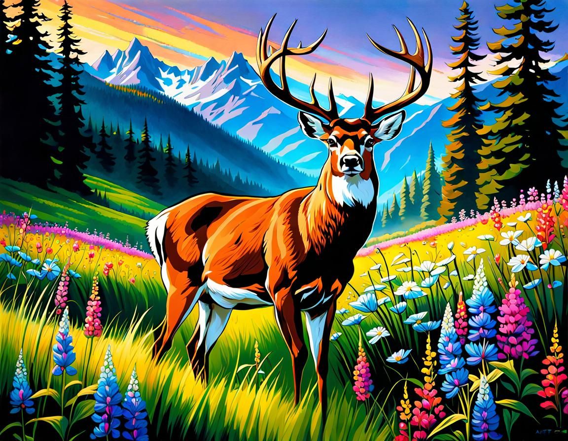 Majestic Deer in Mountain Meadow: Stylized Oil Painting