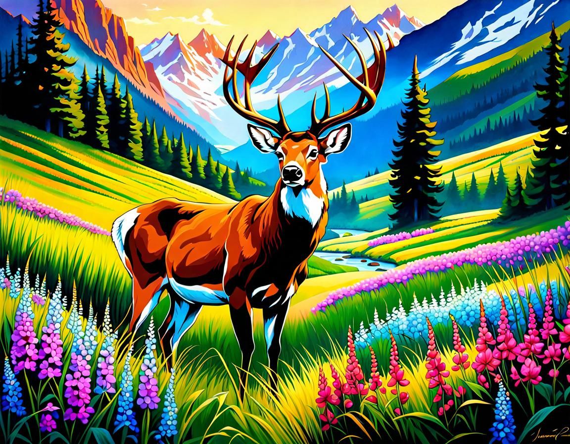 Majestic Deer in Mountain Meadow, Stylized Oil Art