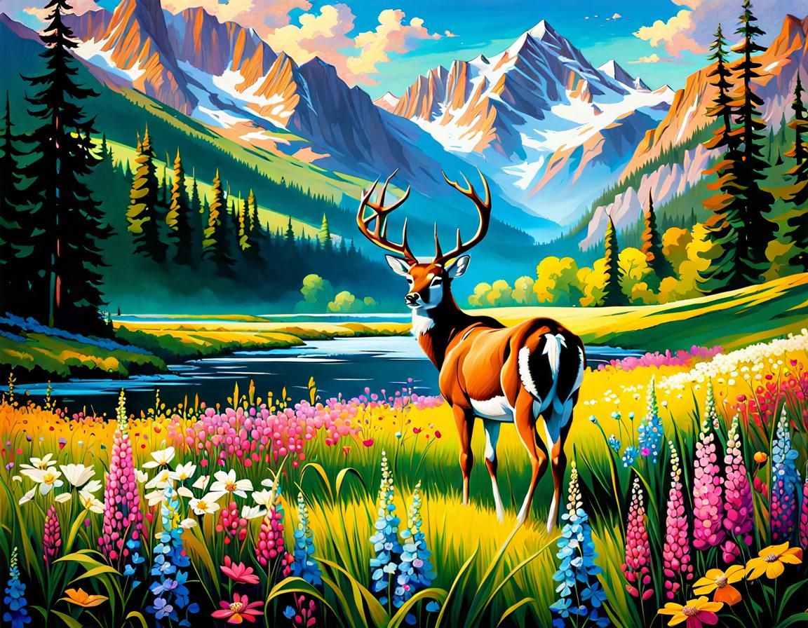 Majestic Deer in Mountain Meadow, Oil Painting