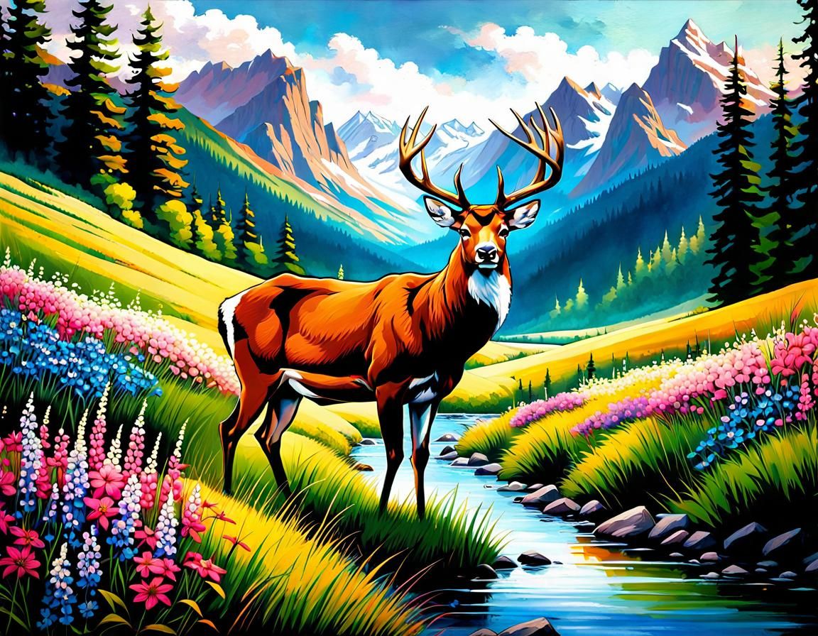 Majestic Deer in Mountain Meadow, Stylized Oil Painting
