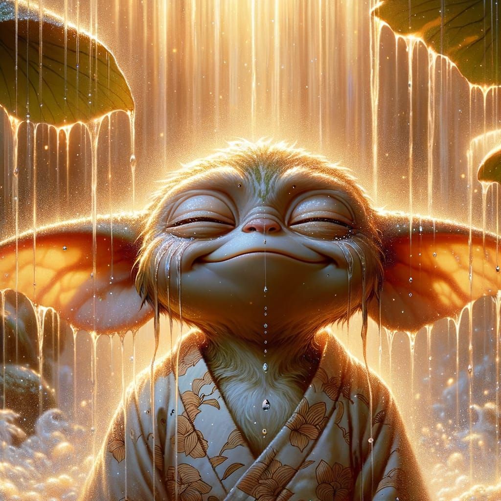 Ukiyo-e Gremlin Breathes in Golden Hour Waterfall Mist