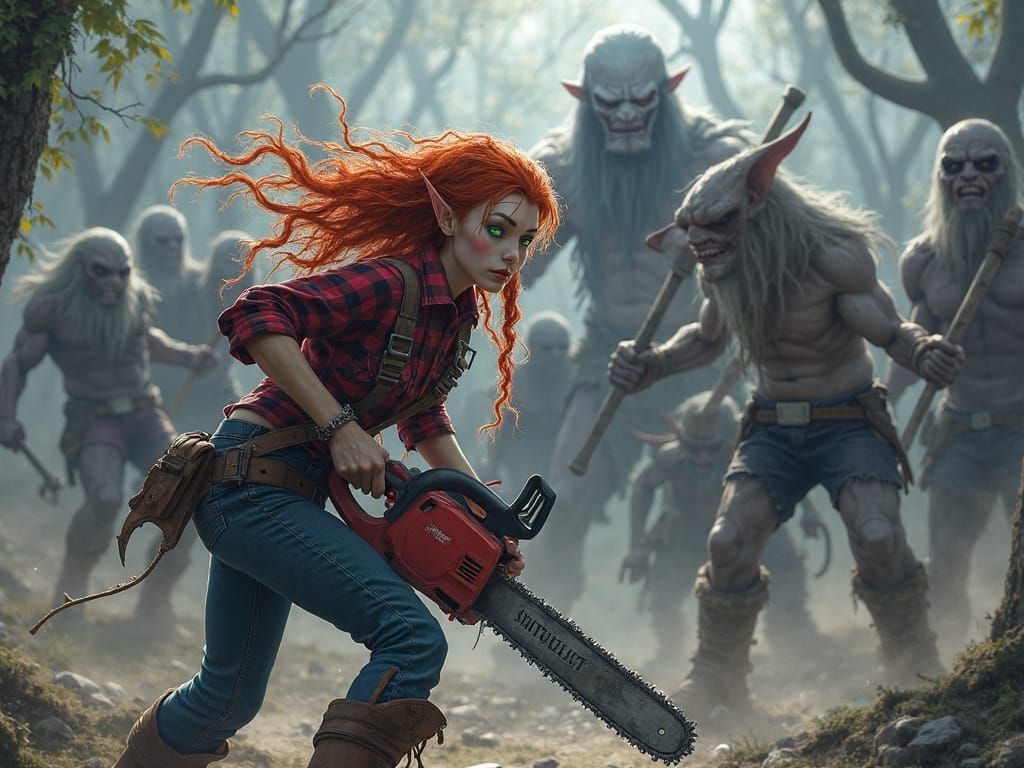Elf Lumberjack Battles Ents in Epic Fantasy