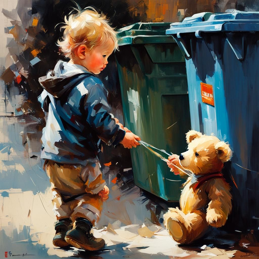 Toddler Rescues Teddy Bear: Fine Art Painting