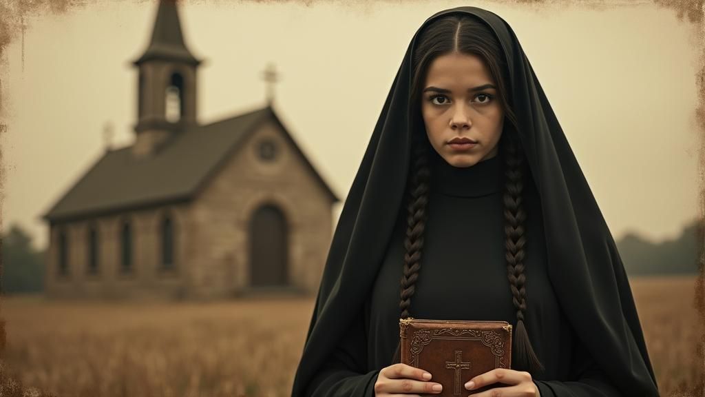 Vintage Sepia Image of Girl with Church