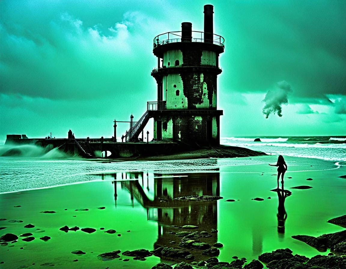 Gothic Model on White Sand Beach in Black and White