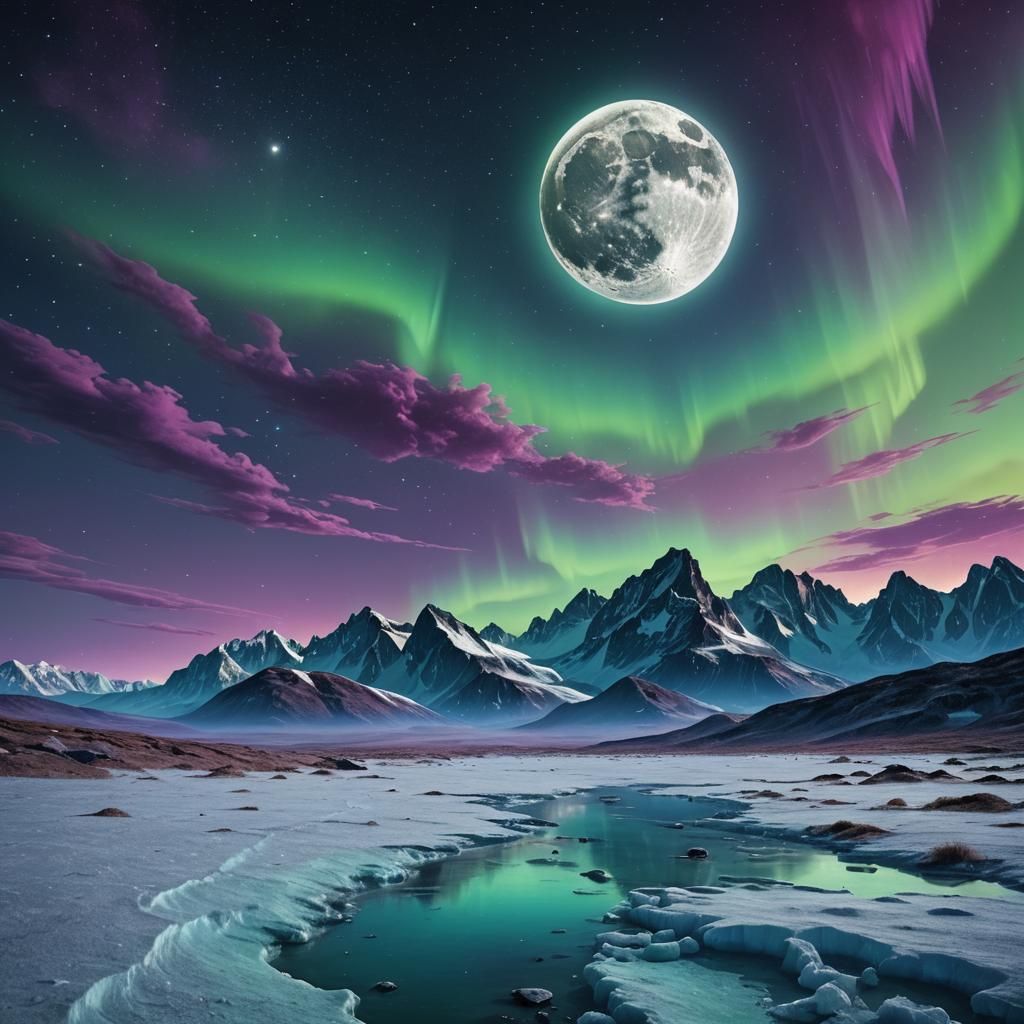 Icy Moon Over Arctic Plain with Aurora Borealis