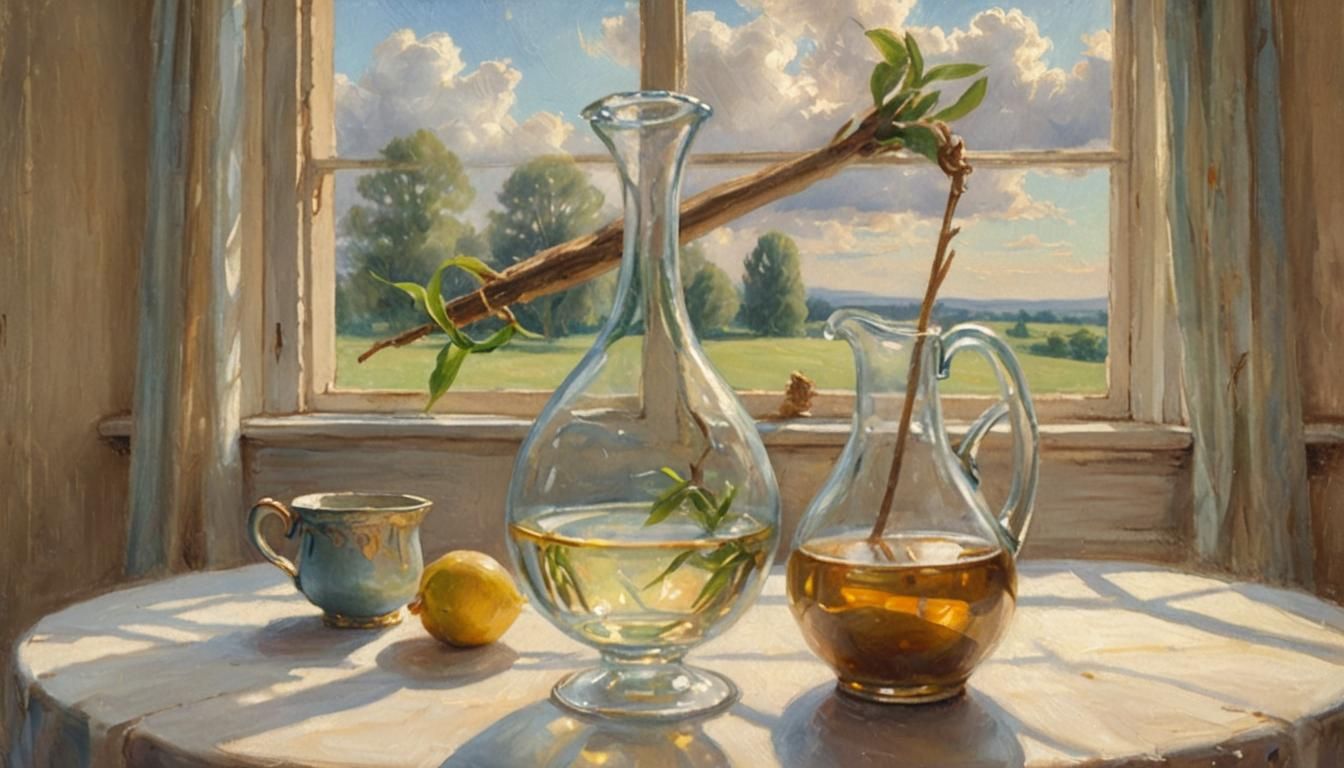 Serene Oil Painting of Staff and Jug