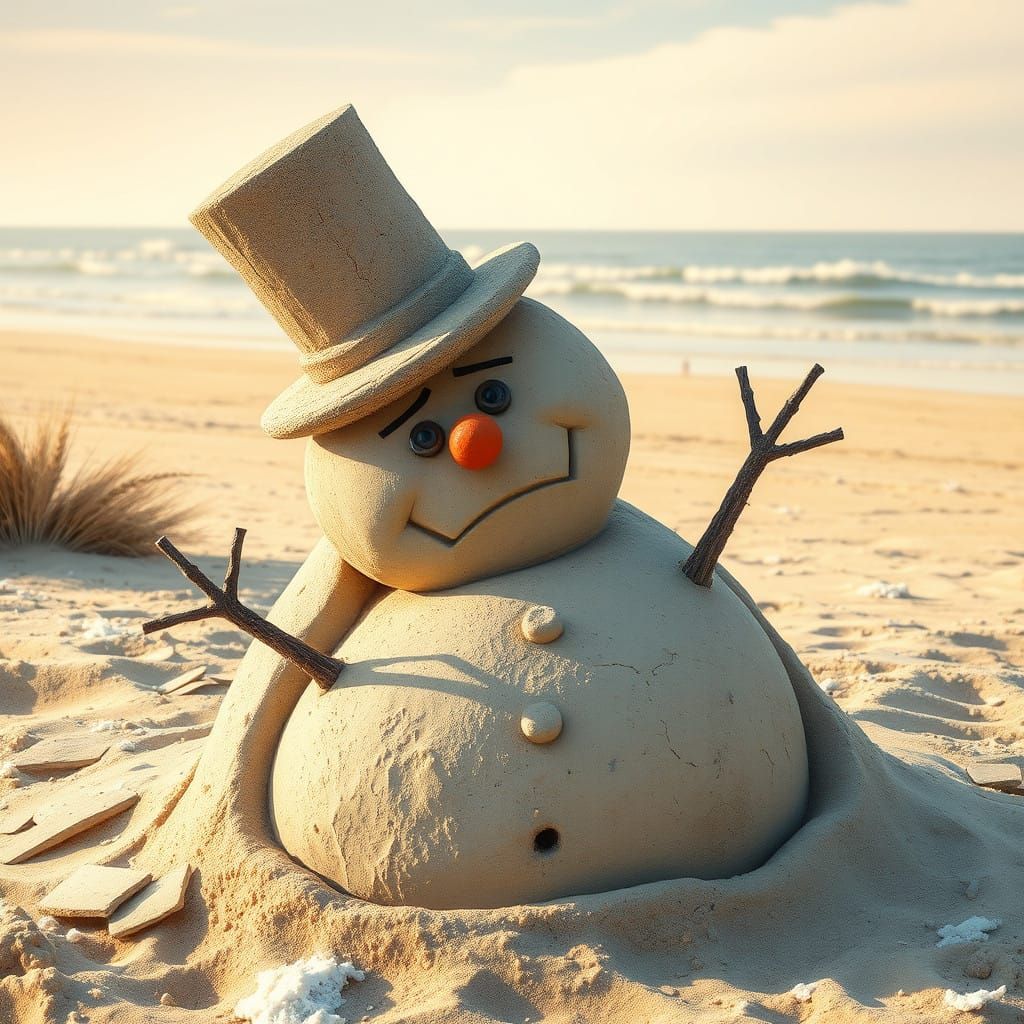 Whimsical Snowman Sand Sculpture Amidst Sun-Kissed Beach