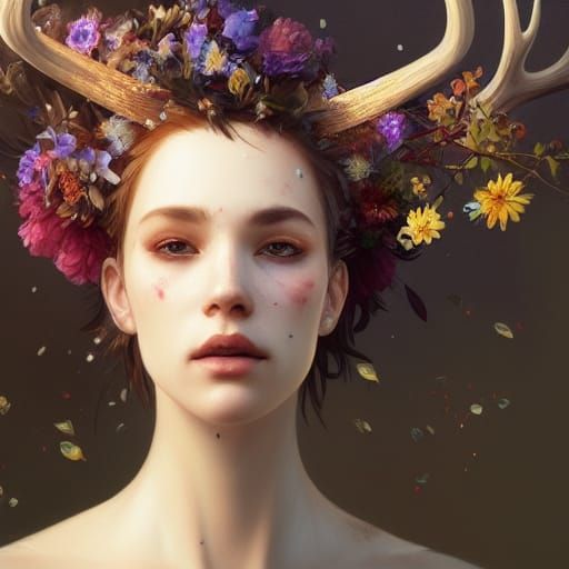 Deer Portrait with Flowers and Feathers