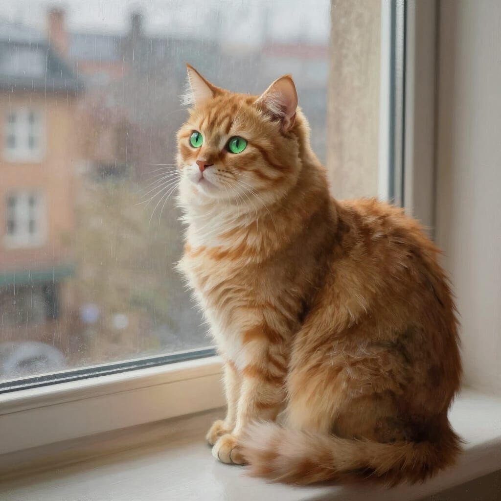 Ginger Cat on Windowsill in Rainy Cityscape Oil Painting