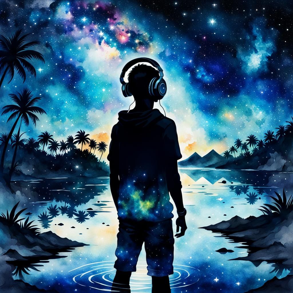 Boy Listening to Music on Starry Lake: Watercolor Art