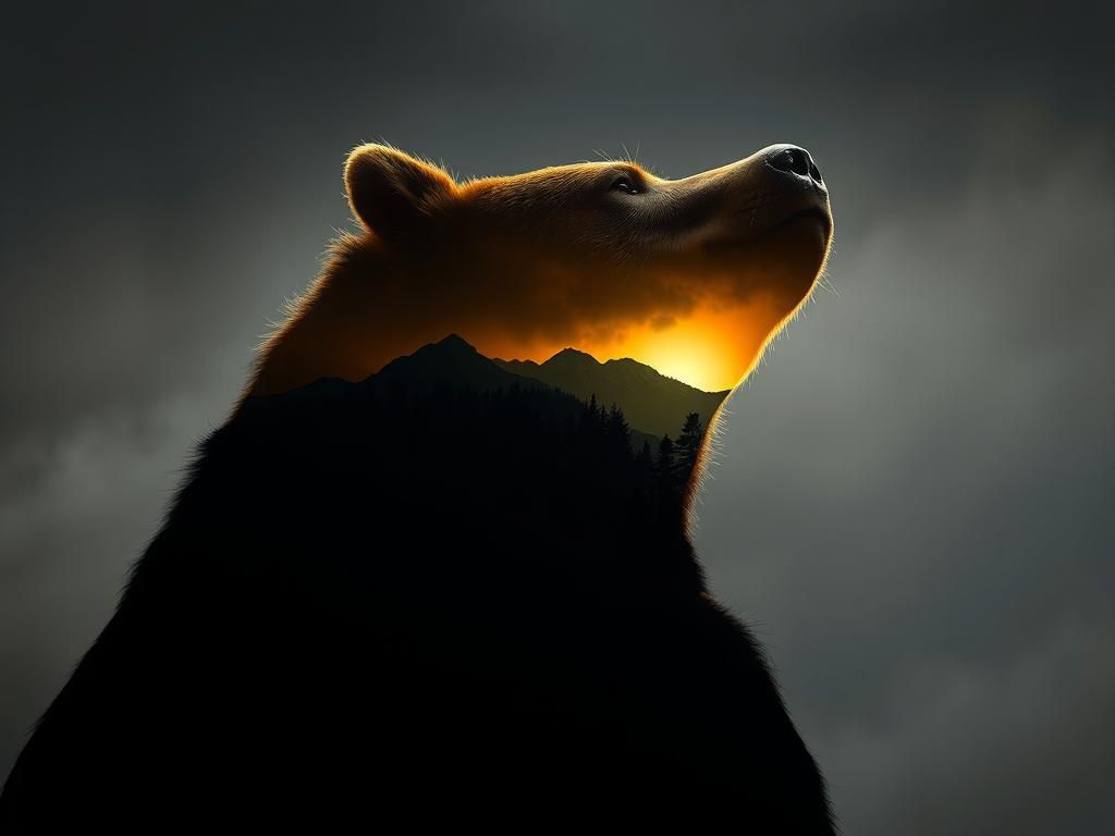 Bear Silhouette Reflecting Mountain Forest Landscape