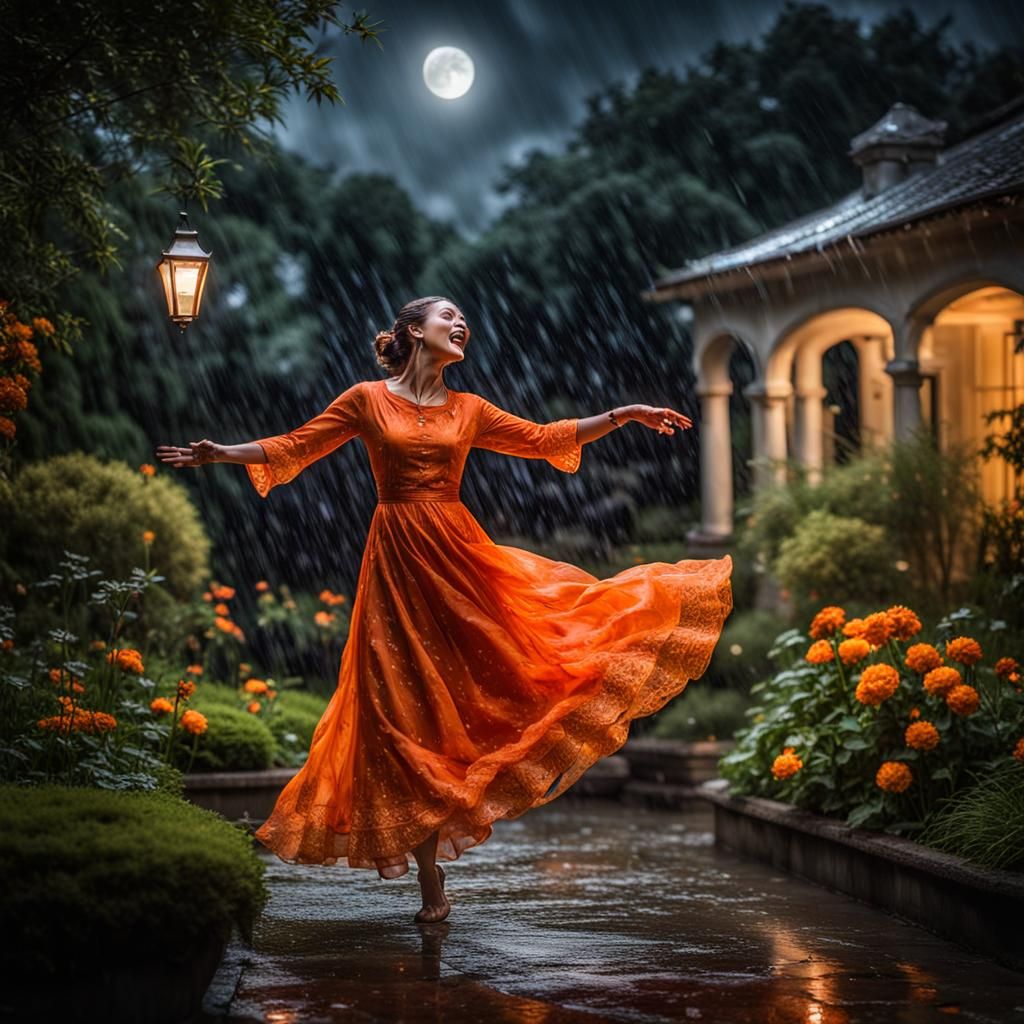 Woman in Orange Dress Dances in Rainy Garden
