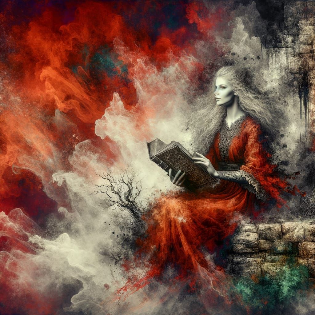 Norse Goddess Reading, Red and Black Ink-Drip Art