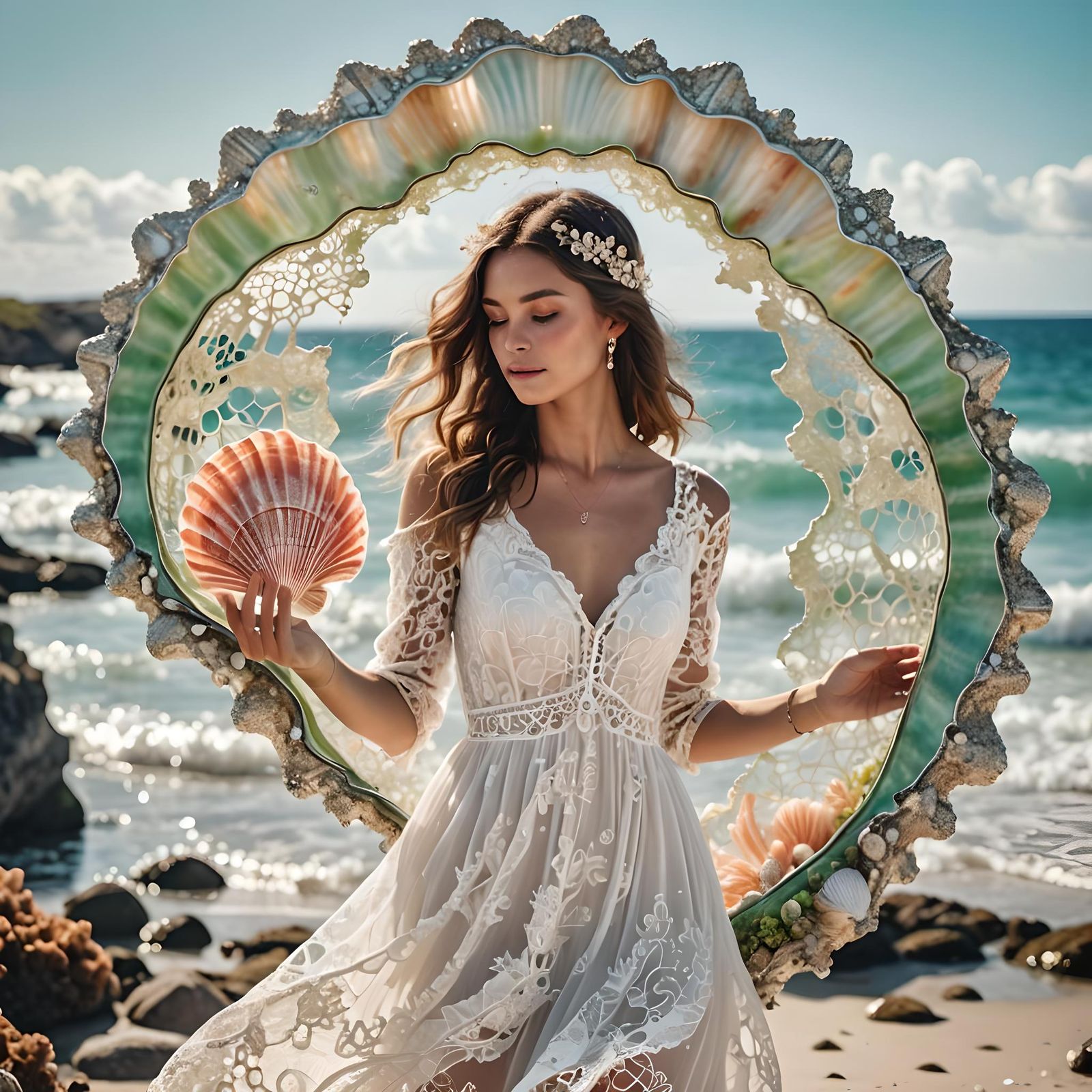 Woman with Shell on Sparkling Seascape