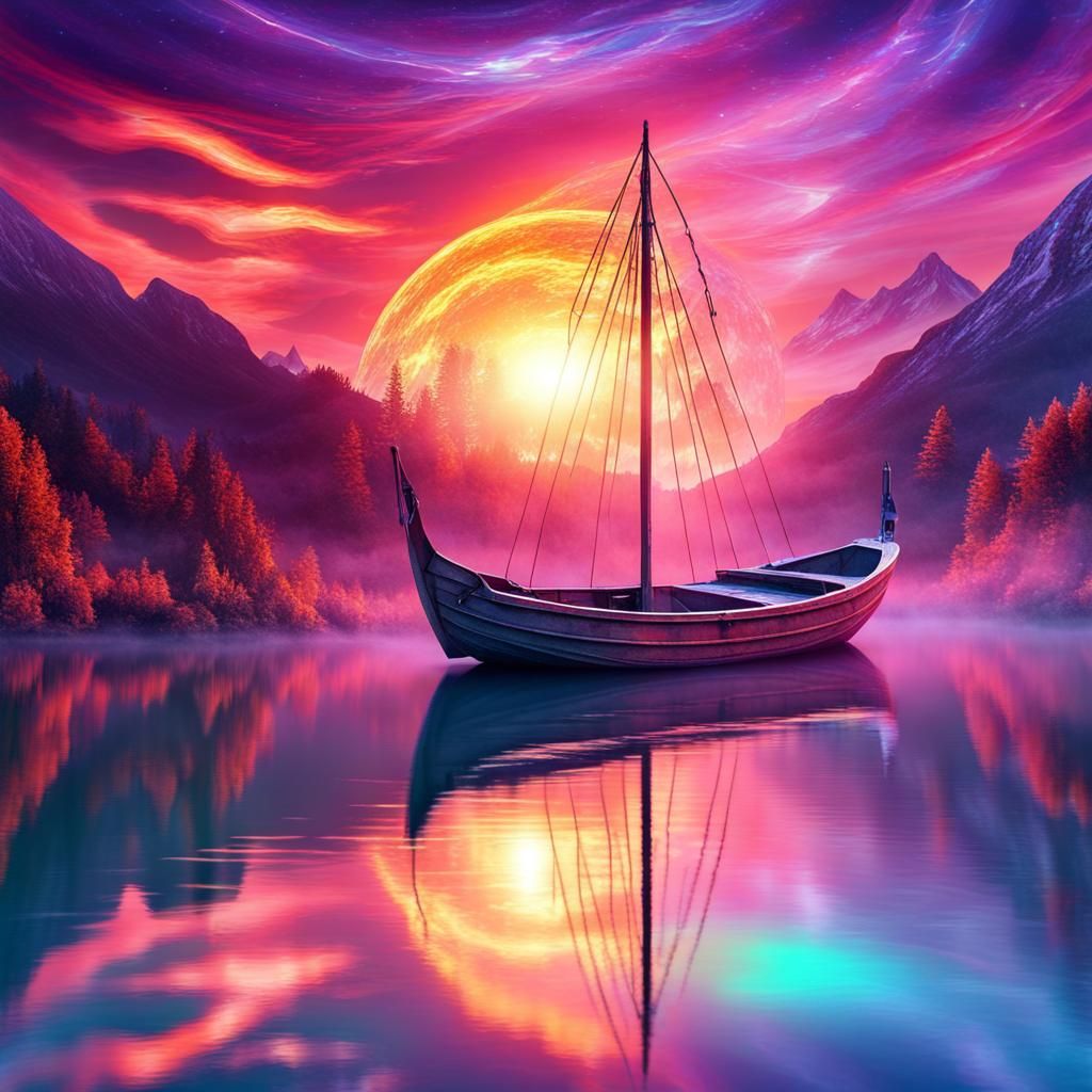 Cosmic Sunset: Astral Boat Illustration in Lake