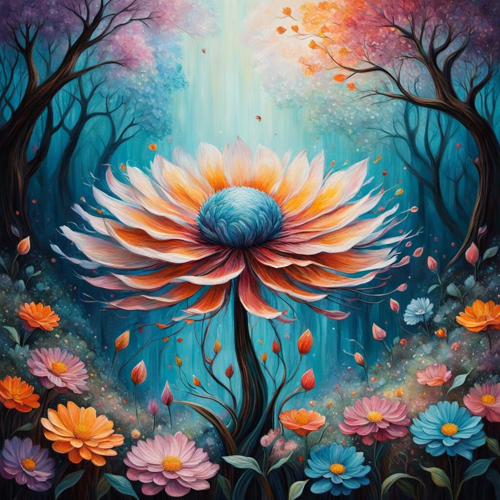 Surreal Landscape in Whimsical, Textured Acrylic Style