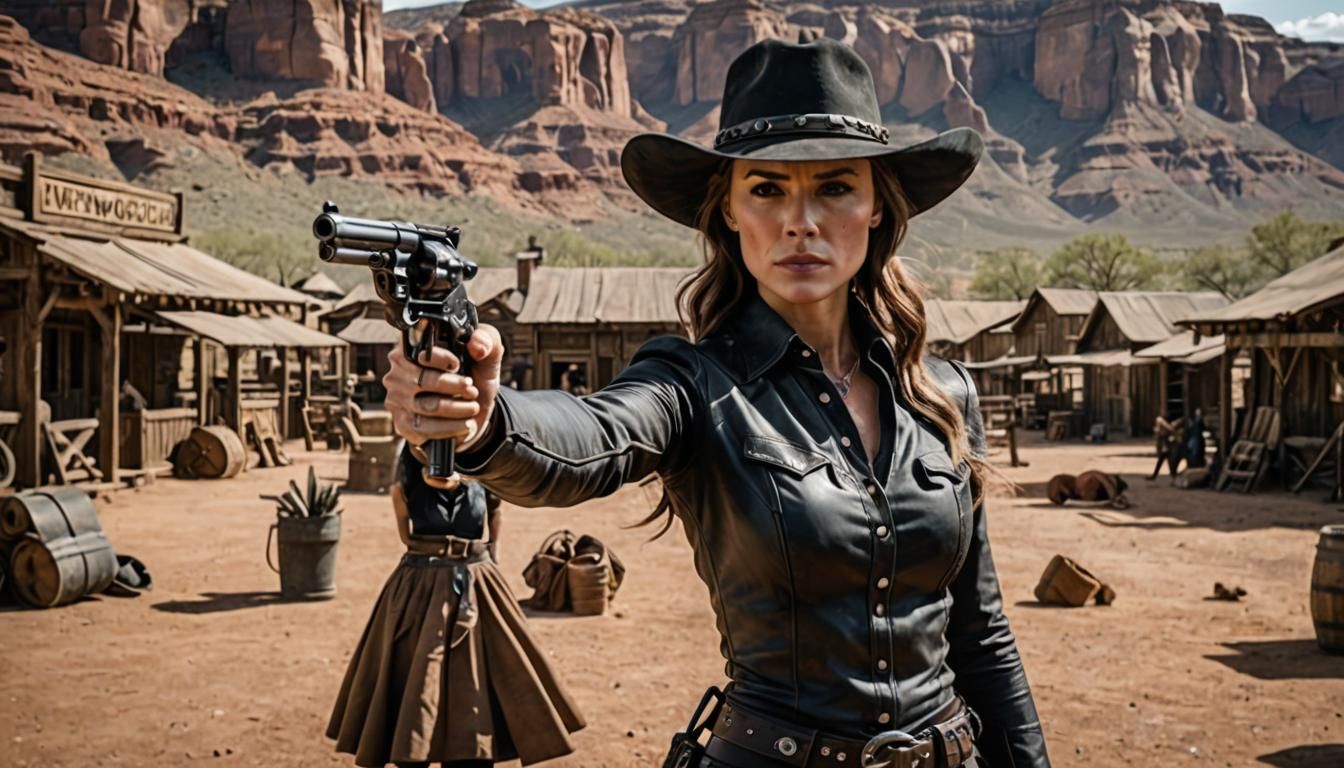 Cyberpunk Cowgirl Showdown in Westworld Setting