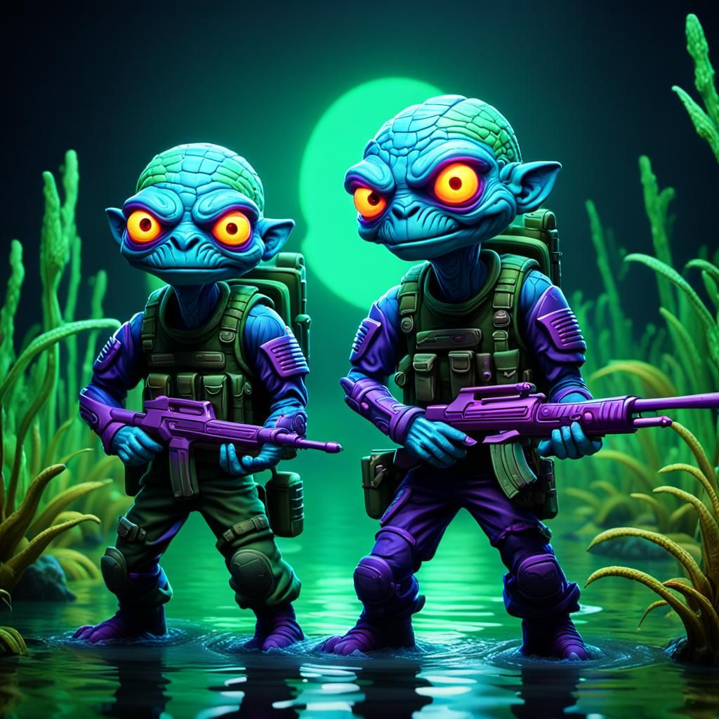 Cartoon Swamp Rangers with Neon Spear Guns