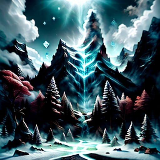 A forgotten cursed inn on the side of an icy mountain. <lora:Glass Glow:1.0> <lora:Insane light effects:1.0>