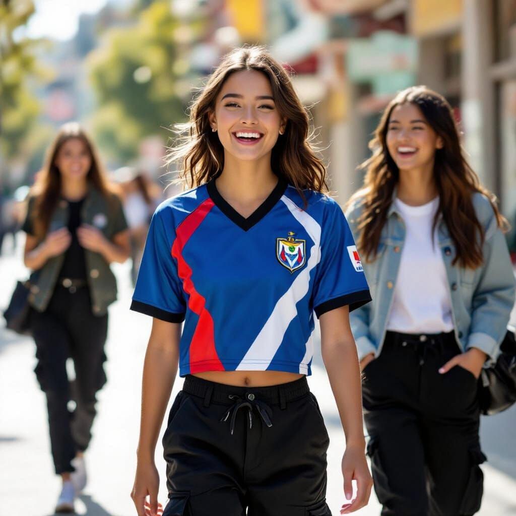 Teenage Girl Walking with Friends in Vibrant Digital Art