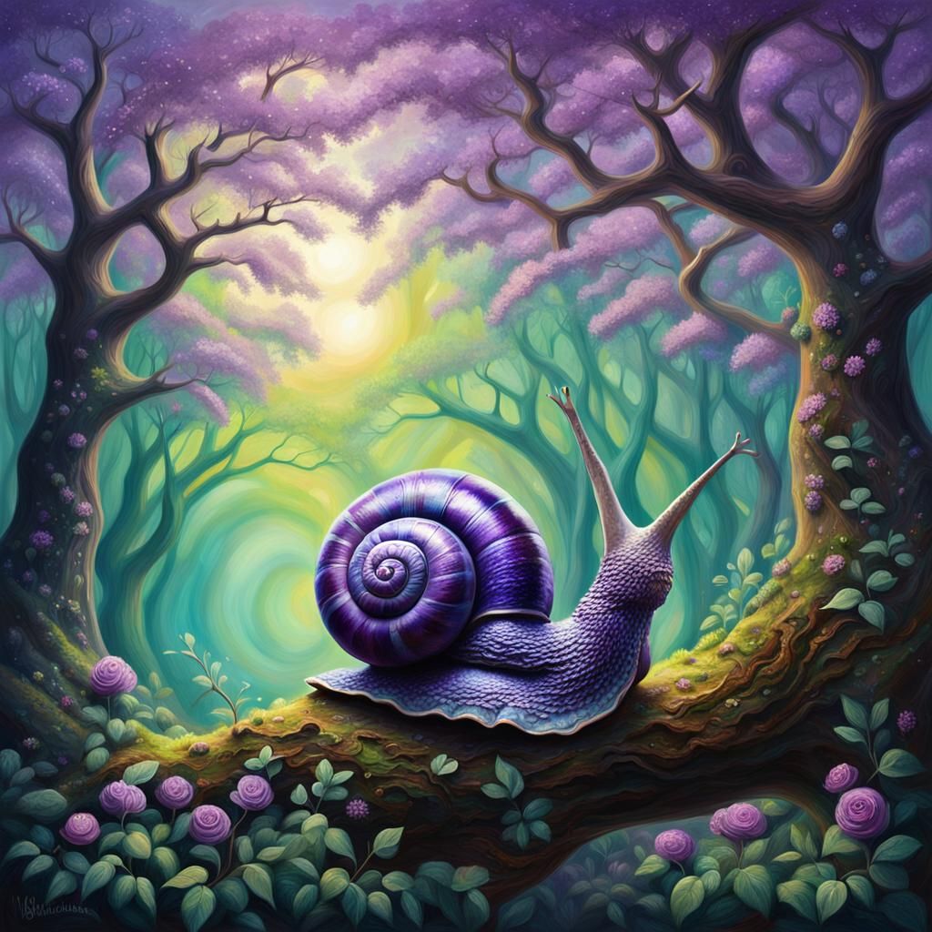 Giant Purple Snail in Dreamlike Forest as Oil Painting