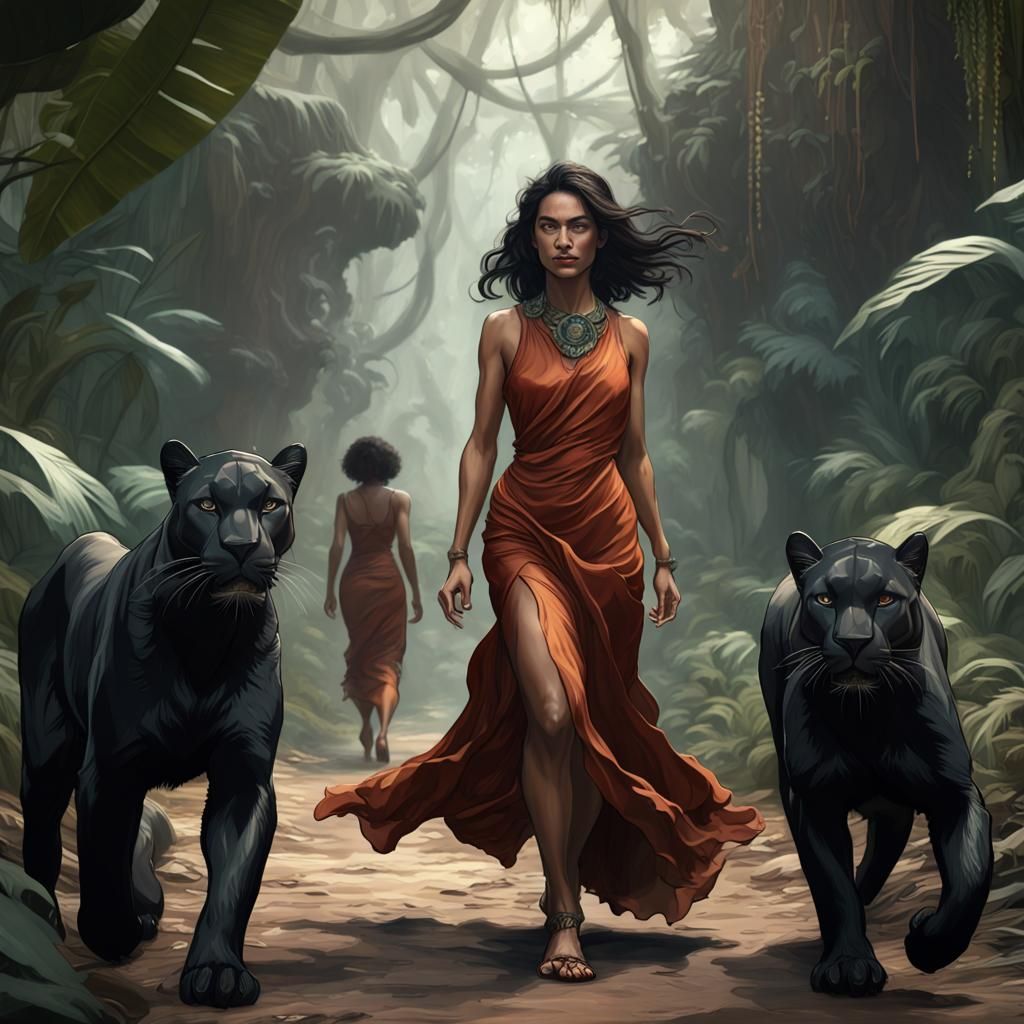 Woman and Panthers in Dark Fantasy Style