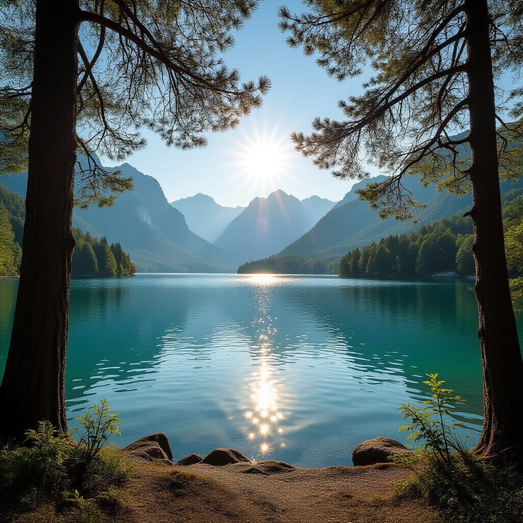 Romantic Lake Landscape with Majestic Trees and Clear Mounta...