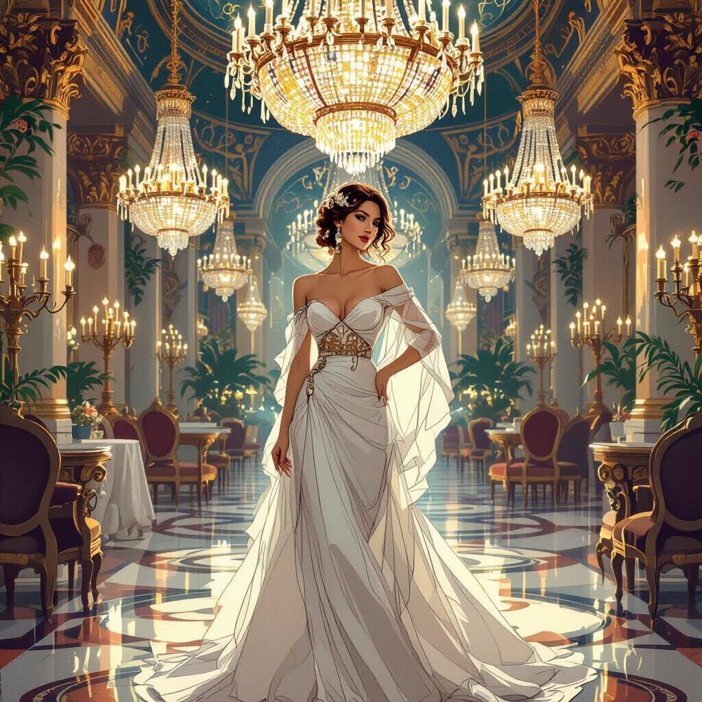 Elegant Woman in Ballroom, Art Nouveau Style