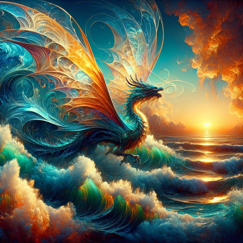 Iridescent Dragon Soaring Over Tempestuous Sea at Sunrise