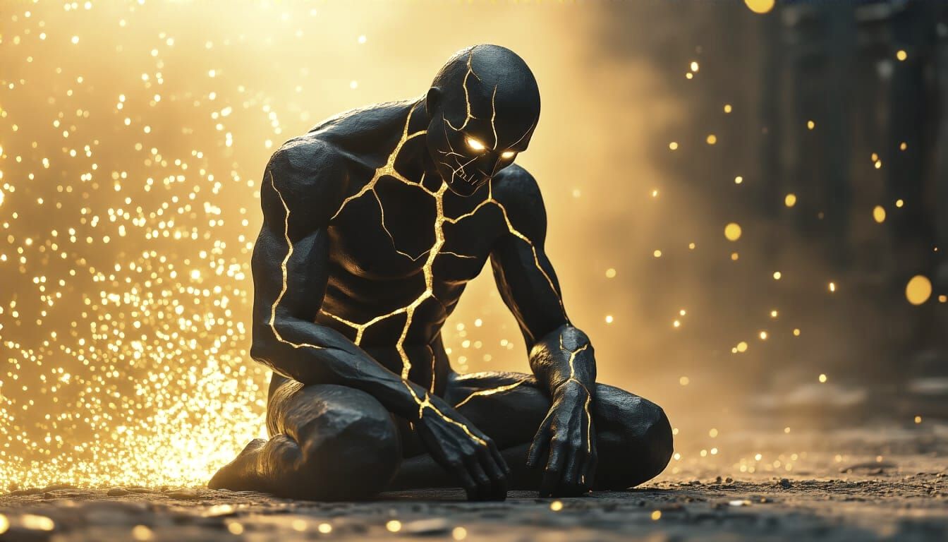 Golden Cracked Stone Golem Kneeling: Ultra-Realistic Photogr...