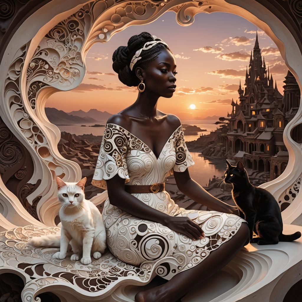 Woman with Cat Gazing at Sunset: Fantasy 3D Art